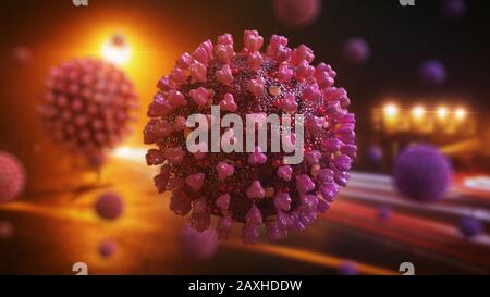 Ansteckendes Coronavirus, gesundheitsbedrohende Viren in der Stadtumgebung, Mikrobiologie Nahaufnahme Stockfoto