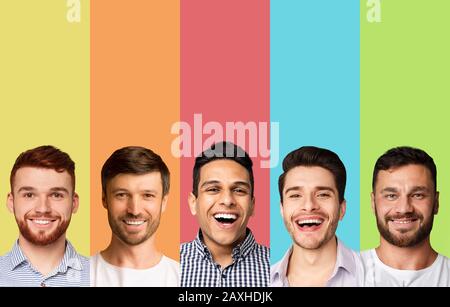 Zusammengesetztes Bild junger lächelnder Kerle über verschiedenen Hintergründen Stockfoto