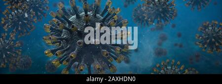 Ansteckendes Coronavirus, gesundheitsbedrohende Viren in flüssiger Umgebung, Mikrobiologie Nahaufnahme Stockfoto