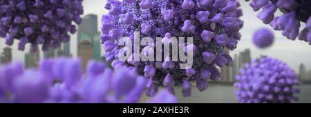 Ansteckendes Coronavirus, gesundheitsbedrohende Viren mit Skyline der Stadt, Mikrobiologie Nahaufnahme Stockfoto