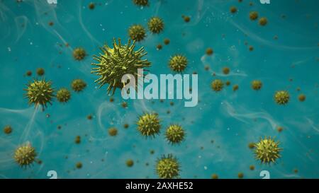 Ansteckender Coronavirus-Ausbruch, gesundheitsbedrohende Viren, Mikrobiologie Nahaufnahme Stockfoto