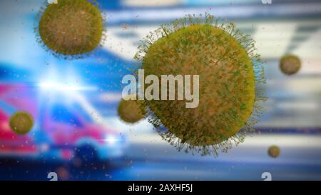 Coronavirus-Ausbruch, gesundheitsgefährdendes Virus in der Stadtumgebung, Mikrobiologie Nahaufnahme Stockfoto