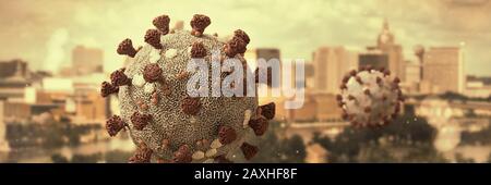 Coronavirus-Ausbruch, gesundheitsgefährdendes Virus in der Stadtumgebung, Mikrobiologie Nahaufnahme Stockfoto