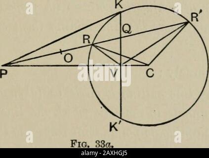 Eine erste Strecke in der projektiven Geometrie . zu einem beliebigen Punkt der Therange zu führen, ist senkrecht zur Polar dieses Punktes. Auch alle Polare passieren einen gemeinsamen Punkt, d. Hepol der Linie, auf der sich die Strecke befindet. Daher bilden die Polare einen Bleistift, und da der Winkel zwischen zwei geraden Linien gleich dem Winkel zwischen DEN POLEN UND DEN POLAREN 67 senkrecht zu ihnen ist, bildet der Bleistift, der von den Polaren andgebildet wird, die sich durch die Verbindungen der Mitte zu den Punkten der Therange gebildet haben (Dargestellt durch die vollen gezeichneten Linien in der Abbildung) sind superpostfähig. Aber der letztere Bleistift ist harmonisch; .. So ist auch der andere. C Stockfoto