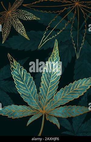 Wunderschönes Muster aus goldtürkisfarbenen Cannabisblättern. Muster aus türkisfarbenem oder grünem Marihuana-Blatt auf schwarzem Hintergrund. Moderne Illustration im Vintage Stock Vektor