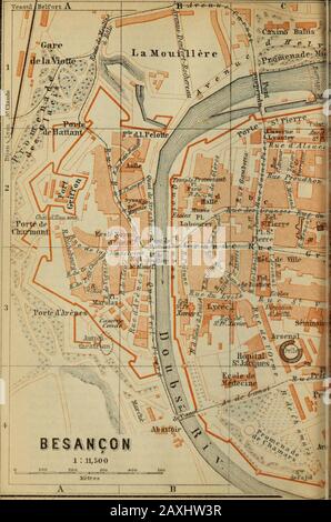 Nordfrankreich: Von Belgien und dem Ärmelkanal zur Loire-Region, außer Paris und Umgebung: Handbuch für Reisende. (PL C, D, 4) und dasPlace Jouffrorj (PL B, 2, 3). Tarife 10-20 c; Korrespondenz, 5 c extra. Bäder. Bains Salins. S. 353; Bains Granvelle, Rue de la Präfektur 10. Post & Telegraph Office, Grande-Rue 100, in der Nähe des Palais Granvelle. Besancon (820ft.), eine altehrwürdige Stadt mit 57.556 Einwohnern, formerlydie Hauptstadt der Comte de la^ der Jétéréquis und heute des Departements DuDoubs^ ist hauptsächlich auf einer vom Fluss Doubs umgebenen Landzunge erbaut. Es ist eine Festung der ersten Klasse, d. H Stockfoto