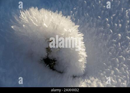 Schneebedeckte Unebenheiten auf der Erdoberfläche. Große Kristalle, wie Blätter, sind überwachsen. Schön und beeindruckend. Stockfoto