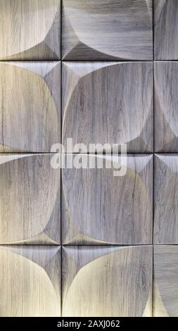 3D-Zierwand mit imitierter Holzstruktur für das Innere einer ungewöhnlichen geometrischen Form. Graubrauner heller Hintergrund mit einem Muster, das a imitiert Stockfoto