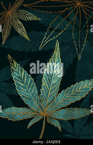 Wunderschönes Muster aus goldtürkisfarbenen Cannabisblättern. Muster aus türkisfarbenem oder grünem Marihuana-Blatt auf schwarzem Hintergrund. Moderne Illustration im Vintage Stock Vektor