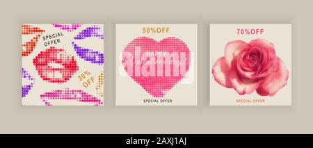 Valentines Day Banner. Design Von Sozialen Medien. Vorlagenvektor. Abstrakte Punkte rot violette Lippen, Herz und Rose Stock Vektor