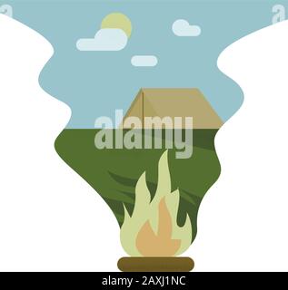 Camping im Wald mit Zelt und Lagerfeuer. EPS10-Vektorgrafiken. Isoliert auf weißem Hintergrund Stock Vektor
