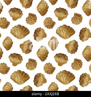 Seashells goldenes nahtloses Muster. Handgemalzen goldener Meeresschalen Hintergrund. Stockfoto
