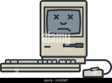Alter PC funktioniert nicht, totes Gesicht auf dem Bildschirm, isolierte Vektorgrafiken. Symbol für Systemabsturz. Stock Vektor