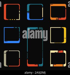 Rahmensatz für Bilder oder Symbole. Zukünftige Schnittstellenelemente im Retro- und 80er-Stil. Alte Bildschirmelemente im Sci-Fi-Stil. Raumschiff oder futuristisches Gerät Stock Vektor