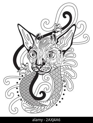 Vektor Handzeichnung Zentangle Doodle Farbgebung Antistress mit ornamentalem Cornish Rex Katzen-Porträt isoliert auf weißem Hintergrund. Abbildung für die Einrichtung Stock Vektor