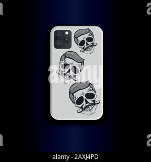 Verspottete Smartphone- und Smartphone-Vektor-Vorlage. Modisches Design mit Smartphone-Abdeckung - Vektorgrafik-Schädel mit Schnurrbart, Barbershop. Totenkopfwit Stock Vektor