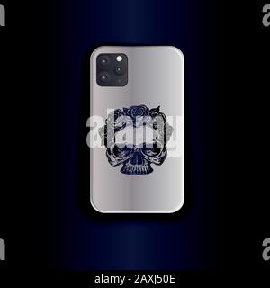Verspottete Smartphone- und Smartphone-Vektor-Vorlage. Modisches Design, Smartphone-Cover-Print - Vektorgrafik-Schädel mit Blumen auf metallischen PRI Stock Vektor