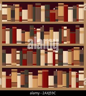Bücherregale voller Bücher in der Bibliothek. Flache Vektor-Darstellung im Vintage-Stil. Stock Vektor