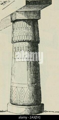 Handbuch der ägyptischen Archäologie und Leitfaden für die Untersuchung von Antiquitäten in ÄgyptFor die Verwendung von Studenten und Reisenden . abgeschnitten und flutedcone. In der Hypostyle-Halle in Karnak, in Abydos, im Ramesseum und in Medinet Habu werden die Flutings durch eine Varietyorverzierung, Triangularblätter, hieroglyphische Schriftzeugen oder Bänder ersetzt, die Autoberührungen tragen, die mit Uraei flankiert werden und den Raum so leftleerfrei füllen. Der Abakus ist nicht verdeckt wie in der Nockenschale i bilden Säulen, aber standhaft boldh und trägt theroyale Kartusche. III Säule ivitJi Palmblatt Capital.-Diese Kolumne erhebt sich direkt aus ihrem Sockel Stockfoto