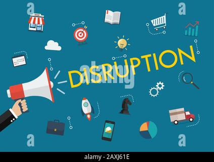 Hand hält Megafon mit Störwort und Symbolen. Vektorgrafiken Stock Vektor