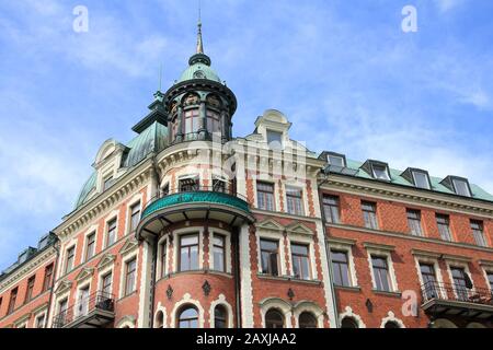 Strandvagen Straße von Stockholm, Schweden. Schloss im Stadtteil Ostermalm. Stockfoto