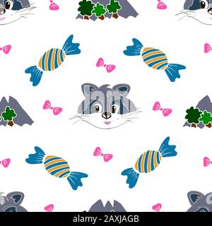 Kinder, Cartoon Seamless Muster. Originalfarbzeichnungen. Skarpbuking. Textilien, Cartoon-Hintergrund. Berge, Bäume, Bögen, Süßigkeiten, Waschbären Stock Vektor