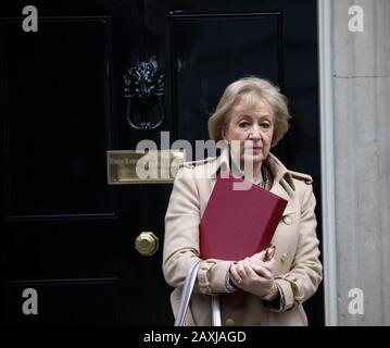 Andrea Leadsom, Staatssekretärin für Wirtschaft, Energie und Industriestrategie, die miserabel aussieht, verlässt das wöchentliche Kabinettstreffen Stockfoto