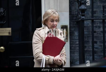 Andrea Leadsom, Staatssekretärin für Wirtschaft, Energie und Industriestrategie, die miserabel aussieht, verlässt das wöchentliche Kabinettstreffen Stockfoto