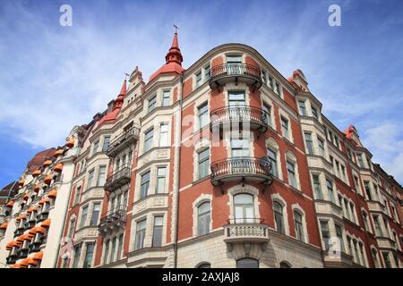Strandvagen Straße von Stockholm, Schweden. Schloss im Stadtteil Ostermalm. Stockfoto