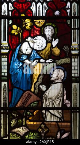 Viktorianisches Buntglasfenster mit der Darstellung Der Aufbringung von Lazarus durch Clayton und Bell, undatiert, Urchfont-Kirche, Wiltshire, England, Großbritannien Stockfoto