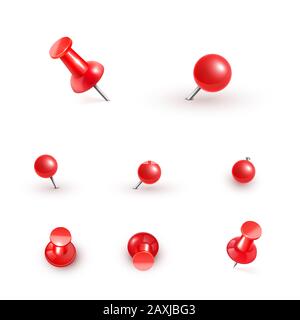 Realistische vektor Kunststoff glänzend rote Pins in verschiedenen Winkeln set Nadel. Stock Vektor