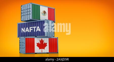 Frachtcontainer mit Nationalflaggen Kanadas und Mexikos und einer mit dem Wort NAFTA North American Free Trade Agreement - 3D Rendering Stockfoto