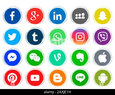 Farbige runde Doodle-Symbole. Sammlung beliebter Symbole für soziale Medien auf weißem Hintergrund Facebook, Instagram, Linkedin, Pinterest, Twitter, Line Stock Vektor