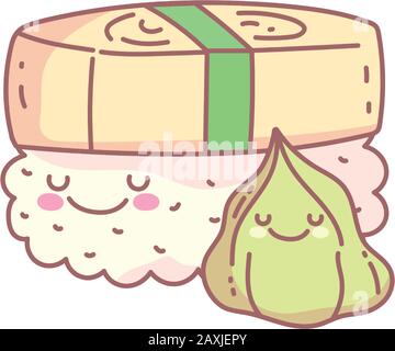 Wasabi und Sushi Characters Menü Restaurant Cartoon Food süße Vektorgrafiken Stock Vektor