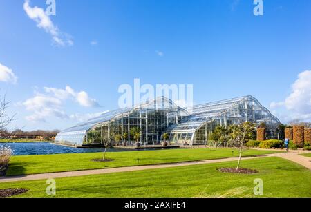 Blick auf das Äußere des Glasshouse in RHS Gardens, Wisley, Surrey, Südostengland an einem sonnigen Wintertag mit blauem Himmel Stockfoto