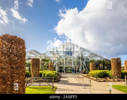 Eingang zum Glasshouse in RHS Gardens, Wisley, Surrey, Südostengland an einem sonnigen Wintertag mit blauem Himmel Stockfoto