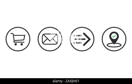 Lieferstatus der Bestellung, Vektorsymbole für die Nachverfolgung von Paketpaketen. Bestellpaketverarbeitungs-, Versand-, Transport- und Lieferschilder für Eilkurierdienste-APP und Web-Flat-Simple-Icons eps 10 Stock Vektor