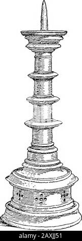 Dinanderie; eine Geschichte und Beschreibung von mittelalterlichen Kunstwerken in Kupfer, Messing und Bronze . Abb. 45.-At.tarCandlestick, DiJSSELDORF Abb. 46.-Candlestick, Limoges 146 DINANDERIE, von dem der ChandeUer suspendiert ist, und unterhalb einer Figur von S. George und dem Drachen. Es gibt ein wenig Ähnliches Stockfoto