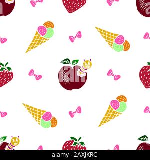 Kinder, Cartoon Seamless Muster. Originalfarbzeichnungen. Skarpbuking. Textilien, Cartoon-Hintergrund. Eis, Erdbeeren, apfel mit Raupe, B. Stock Vektor