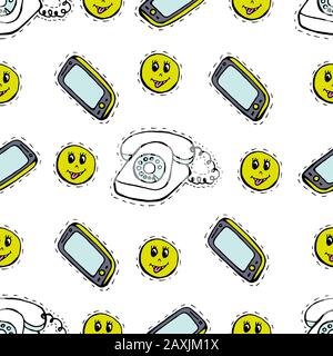 Kinder, Cartoon Seamless Muster. Schöne Bilder für Ihre Kreativität. Textilien, Cartoon-Hintergrund. Mobiltelefon, altes Telefon, Emoticons Stock Vektor