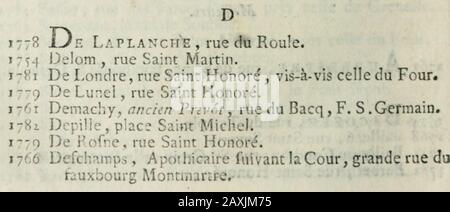 Almanach Royal, année MDCCLXXXIX présenté a Sa Majesté pour la première fois en 1699 par Laurent d'Houry, éditeur. Boudet, rue du Four Saint Germain, 1787 Bouillon de la Grange, rue Saint Martin.175î Brun, ancien Frevôt^ rue de Richelieu.1-78 BRIMI , ne-.eu , rue de Richelieu.1761 Brongniart, Premier Apothicaire du Roi, en Cour.1767 Buiflbn, au é neui^ Marchei. C 1759 C^ADET, P, de lAcadémie royale des Sciences ^ &c., rue Saint Honoré.176j Cadft Devaux, i^, rue des Gravilliers1778 Caubet, rue de Grenelle Saint Honoré.171)5 Charlard, Prcrt, rue BaiVe, porte Saint Denis.55-55Chenr.n^ird, rue Sai Stockfoto