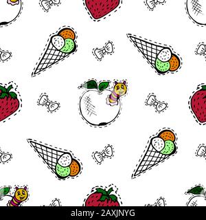 Kinder, Cartoon Seamless Muster. Schöne Bilder für Ihre Kreativität. Textilien, Cartoon-Hintergrund. Eis, Erdbeeren, apfel mit Raupe, Bo Stock Vektor