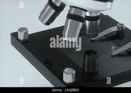 Mikroskop mit weißem Hintergrund, abstraktes Konzept, 3D-Rendering. Digitale Zeichnung des Computers. Stockfoto