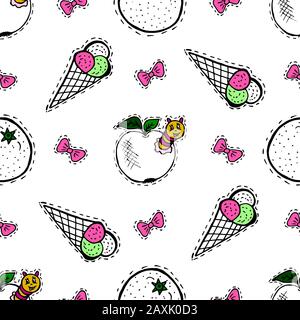 Kinder, Cartoon Seamless Muster. Skarpbuking. Textilien, Cartoon-Hintergrund. Eiscreme, Orange, apfel mit Raupe, Bogen Stock Vektor