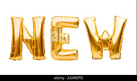 Wort NEU aus goldenen aufblasbaren Luftballons isoliert auf weißem Hintergrund. Helium Ballons Gold Folie formt Wort neu. Startup, Großeröffnung Stockfoto
