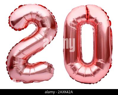 Nummer 20 zwanzig aus Rose Golden aufblasbaren Luftballons isoliert auf Weiß. Heliumballons, pinke Foliennummern. Partydekoration, Jubiläumszeichen für Stockfoto