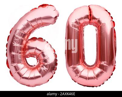 Nummer 60 sechzig aus Rose Golden aufblasbaren Luftballons isoliert auf Weiß. Heliumballons, pinke Foliennummern. Partydekoration, Jubiläumszeichen für Stockfoto