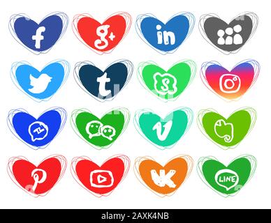 Sammlung beliebter Symbole für soziale Medien auf weißem Hintergrund. 16 Stück. Herzen dodeln farbige Ikonen Stock Vektor