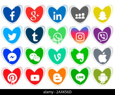 Eine Sammlung beliebter Symbole für soziale Medien auf weißem Hintergrund. Herzen dodeln farbige Ikonen Stock Vektor