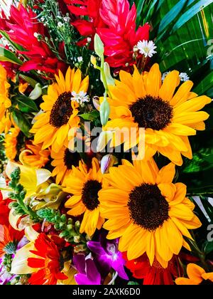 Blumenstrauß, Nahaufnahme eines Blumenstraußes, rote Rosen, Sonnenblumen, grüne Blätter. Blumenschmuck, Geschenk für den Frauentag, weddin Stockfoto